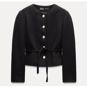 Zara Structured Blazer Lady Jacket Small Black Belted Gold Buttons Preppy Trendy